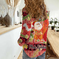 Hawaii Santa Mele Kalikimaka Women Casual Shirt Tropical Puakenikeni Lei with Polynesian Tribal Pattern - Polynesian Pride