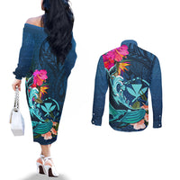 Hawaii Couples Matching Off The Shoulder Long Sleeve Dress and Long Sleeve Button Shirt Whale Mix Hibiscus and Kanaka Maoli Blue Version LT03 - Polynesian Pride