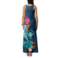 Hawaii Family Matching Tank Maxi Dress and Hawaiian Shirt Whale Mix Hibiscus and Kanaka Maoli Blue Version LT03 - Polynesian Pride
