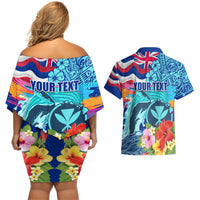 Hawaii Race For Whales Couples Matching Off Shoulder Short Dress and Hawaiian Shirt Flag and Polynesian Hibiscus LT03 - Polynesian Pride
