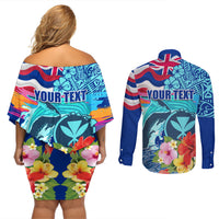 Hawaii Race For Whales Couples Matching Off Shoulder Short Dress and Long Sleeve Button Shirt Flag and Polynesian Hibiscus LT03 - Polynesian Pride
