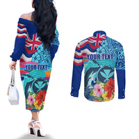Hawaii Race For Whales Couples Matching Off The Shoulder Long Sleeve Dress and Long Sleeve Button Shirt Flag and Polynesian Hibiscus LT03 - Polynesian Pride