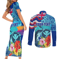 Hawaii Race For Whales Couples Matching Short Sleeve Bodycon Dress and Long Sleeve Button Shirt Flag and Polynesian Hibiscus LT03 - Polynesian Pride