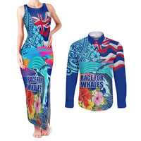 Hawaii Race For Whales Couples Matching Tank Maxi Dress and Long Sleeve Button Shirt Flag and Polynesian Hibiscus LT03 Blue - Polynesian Pride