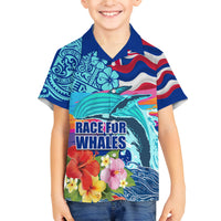 Hawaii Race For Whales Family Matching Long Sleeve Bodycon Dress and Hawaiian Shirt Flag and Polynesian Hibiscus LT03 Son's Shirt Blue - Polynesian Pride