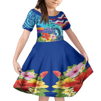 Hawaii Race For Whales Family Matching Off Shoulder Maxi Dress and Hawaiian Shirt Flag and Polynesian Hibiscus LT03 Daughter's Dress Blue - Polynesian Pride