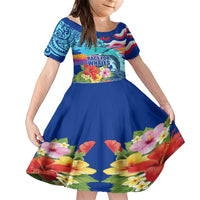 Hawaii Race For Whales Family Matching Short Sleeve Bodycon Dress and Hawaiian Shirt Flag and Polynesian Hibiscus LT03 Daughter's Dress Blue - Polynesian Pride