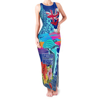 Hawaii Race For Whales Family Matching Tank Maxi Dress and Hawaiian Shirt Flag and Polynesian Hibiscus LT03 Mom's Dress Blue - Polynesian Pride