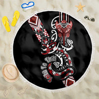 Aotearoa Toitu Te Tiriti-Honour the Treaty Beach Blanket Maori Taniwha Haka with Taniko and Tukutuku LT03 One Size 150cm Black - Polynesian Pride