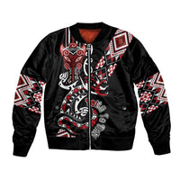 Aotearoa Toitu Te Tiriti-Honour the Treaty Bomber Jacket Maori Taniwha Haka with Taniko and Tukutuku LT03 Unisex Black - Polynesian Pride