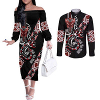 Aotearoa Toitu Te Tiriti-Honour the Treaty Couples Matching Off The Shoulder Long Sleeve Dress and Long Sleeve Button Shirt Maori Taniwha Haka with Taniko and Tukutuku LT03 Black - Polynesian Pride