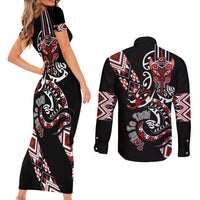 Aotearoa Toitu Te Tiriti-Honour the Treaty Couples Matching Short Sleeve Bodycon Dress and Long Sleeve Button Shirt Maori Taniwha Haka with Taniko and Tukutuku LT03 - Polynesian Pride