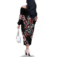 Aotearoa Toitu Te Tiriti-Honour the Treaty Family Matching Off The Shoulder Long Sleeve Dress and Hawaiian Shirt Maori Taniwha Haka with Taniko and Tukutuku LT03 - Polynesian Pride