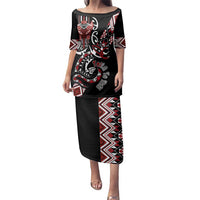 Aotearoa Toitu Te Tiriti-Honour the Treaty Family Matching Puletasi and Hawaiian Shirt Maori Taniwha Haka with Taniko and Tukutuku LT03 Mom's Dress Black - Polynesian Pride