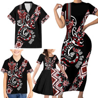 Aotearoa Toitu Te Tiriti-Honour the Treaty Family Matching Short Sleeve Bodycon Dress and Hawaiian Shirt Maori Taniwha Haka with Taniko and Tukutuku LT03 - Polynesian Pride