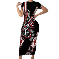 Aotearoa Toitu Te Tiriti-Honour the Treaty Family Matching Short Sleeve Bodycon Dress and Hawaiian Shirt Maori Taniwha Haka with Taniko and Tukutuku LT03 Mom's Dress Black - Polynesian Pride