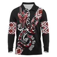 Aotearoa Toitu Te Tiriti-Honour the Treaty Long Sleeve Polo Shirt Maori Taniwha Haka with Taniko and Tukutuku LT03 Black - Polynesian Pride