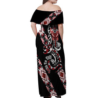 Aotearoa Toitu Te Tiriti-Honour the Treaty Off Shoulder Maxi Dress Maori Taniwha Haka with Taniko and Tukutuku LT03 - Polynesian Pride