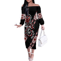 Aotearoa Toitu Te Tiriti-Honour the Treaty Off The Shoulder Long Sleeve Dress Maori Taniwha Haka with Taniko and Tukutuku LT03 Women Black - Polynesian Pride