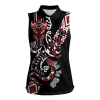 Aotearoa Toitu Te Tiriti-Honour the Treaty Women Sleeveless Polo Shirt Maori Taniwha Haka with Taniko and Tukutuku LT03 Female Black - Polynesian Pride