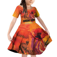 Australia and New Zealand ANZAC Day Family Matching Off Shoulder Short Dress and Hawaiian Shirt Soldiers Memories - Red Poppies with Aboriginal and Maori Art LT03 Daughter's Dress Orange-Yellow - Polynesian Pride