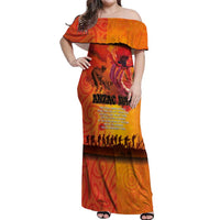 Australia and New Zealand ANZAC Day Off Shoulder Maxi Dress Soldiers Memories - Red Poppies with Aboriginal and Maori Art LT03 Women Orange-Yellow - Polynesian Pride