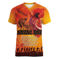 Australia and New Zealand ANZAC Day Women V-Neck T-Shirt Soldiers Memories - Red Poppies with Aboriginal and Maori Art LT03 Female Orange-Yellow - Polynesian Pride