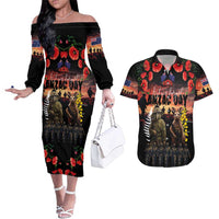 Australia and New Zealand ANZAC Day Couples Matching Off The Shoulder Long Sleeve Dress and Hawaiian Shirt Kangaroo and Kiwi Bird Soldier - Forever in My Thoughts LT03 Black - Polynesian Pride