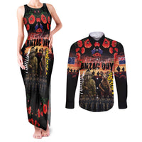 Australia and New Zealand ANZAC Day Couples Matching Tank Maxi Dress and Long Sleeve Button Shirt Kangaroo and Kiwi Bird Soldier - Forever in My Thoughts LT03 Black - Polynesian Pride