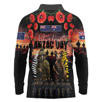 Australia and New Zealand ANZAC Day Long Sleeve Polo Shirt Kangaroo and Kiwi Bird Soldier - Forever in My Thoughts LT03 - Polynesian Pride
