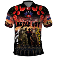 Australia and New Zealand ANZAC Day Polo Shirt Kangaroo and Kiwi Bird Soldier - Forever in My Thoughts LT03 Black - Polynesian Pride