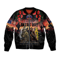Australia and New Zealand ANZAC Day Sleeve Zip Bomber Jacket Kangaroo and Kiwi Bird Soldier - Forever in My Thoughts LT03 Unisex Black - Polynesian Pride