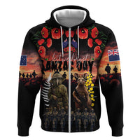 Australia and New Zealand ANZAC Day Zip Hoodie Kangaroo and Kiwi Bird Soldier - Forever in My Thoughts LT03 Zip Hoodie Black - Polynesian Pride