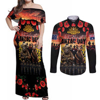 Australia ANZAC Day Couples Matching Off Shoulder Maxi Dress and Long Sleeve Button Shirt Kangaroo and Koala Soldier - Forever in My Thoughts LT03 Black - Polynesian Pride