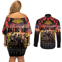 Australia ANZAC Day Couples Matching Off Shoulder Short Dress and Long Sleeve Button Shirt Kangaroo and Koala Soldier - Forever in My Thoughts LT03 - Polynesian Pride