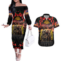 Australia ANZAC Day Couples Matching Off The Shoulder Long Sleeve Dress and Hawaiian Shirt Kangaroo and Koala Soldier - Forever in My Thoughts LT03 Black - Polynesian Pride