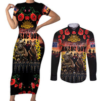Australia ANZAC Day Couples Matching Short Sleeve Bodycon Dress and Long Sleeve Button Shirt Kangaroo and Koala Soldier - Forever in My Thoughts LT03 Black - Polynesian Pride