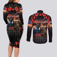 New Zealand ANZAC Day Couples Matching Long Sleeve Bodycon Dress and Long Sleeve Button Shirt Tui Bird and Kiwi Bird Soldier - Forever in My Thoughts LT03 - Polynesian Pride