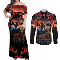 New Zealand ANZAC Day Couples Matching Off Shoulder Maxi Dress and Long Sleeve Button Shirt Tui Bird and Kiwi Bird Soldier - Forever in My Thoughts LT03 Black - Polynesian Pride