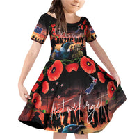 New Zealand ANZAC Day Family Matching Off Shoulder Short Dress and Hawaiian Shirt Tui Bird and Kiwi Bird Soldier - Forever in My Thoughts LT03 Daughter's Dress Black - Polynesian Pride