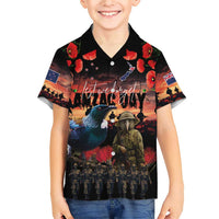 New Zealand ANZAC Day Family Matching Short Sleeve Bodycon Dress and Hawaiian Shirt Tui Bird and Kiwi Bird Soldier - Forever in My Thoughts LT03 Son's Shirt Black - Polynesian Pride