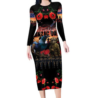 New Zealand ANZAC Day Long Sleeve Bodycon Dress Tui Bird and Kiwi Bird Soldier - Forever in My Thoughts LT03 Long Dress Black - Polynesian Pride