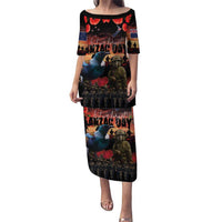 New Zealand ANZAC Day Puletasi Tui Bird and Kiwi Bird Soldier - Forever in My Thoughts LT03 Long Dress Black - Polynesian Pride