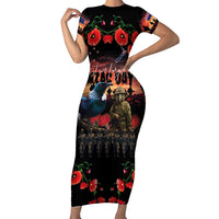 New Zealand ANZAC Day Short Sleeve Bodycon Dress Tui Bird and Kiwi Bird Soldier - Forever in My Thoughts LT03 Long Dress Black - Polynesian Pride
