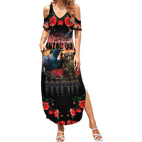 New Zealand ANZAC Day Summer Maxi Dress Tui Bird and Kiwi Bird Soldier - Forever in My Thoughts LT03 Women Black - Polynesian Pride