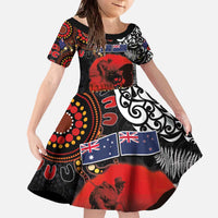 Australia and New Zealand ANZAC Day Family Matching Off The Shoulder Long Sleeve Dress and Hawaiian Shirt Aboriginal and Maori Art Pattern - Gallipoli Lest We Forget LT03 Daughter's Dress Black - Polynesian Pride