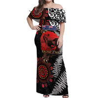 Australia and New Zealand ANZAC Day Off Shoulder Maxi Dress Aboriginal and Maori Art Pattern - Gallipoli Lest We Forget LT03 Women Black - Polynesian Pride