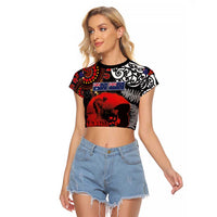 Australia and New Zealand ANZAC Day Raglan Cropped T Shirt Aboriginal and Maori Art Pattern - Gallipoli Lest We Forget LT03 Female Black - Polynesian Pride