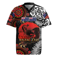 Australia and New Zealand ANZAC Day Rugby Jersey Aboriginal and Maori Art Pattern - Gallipoli Lest We Forget LT03 Black - Polynesian Pride