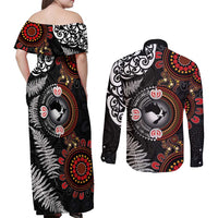 Australia and New Zealand Together Couples Matching Off Shoulder Maxi Dress and Long Sleeve Button Shirt Aboriginal and Maori Art Tattoo LT03 - Polynesian Pride